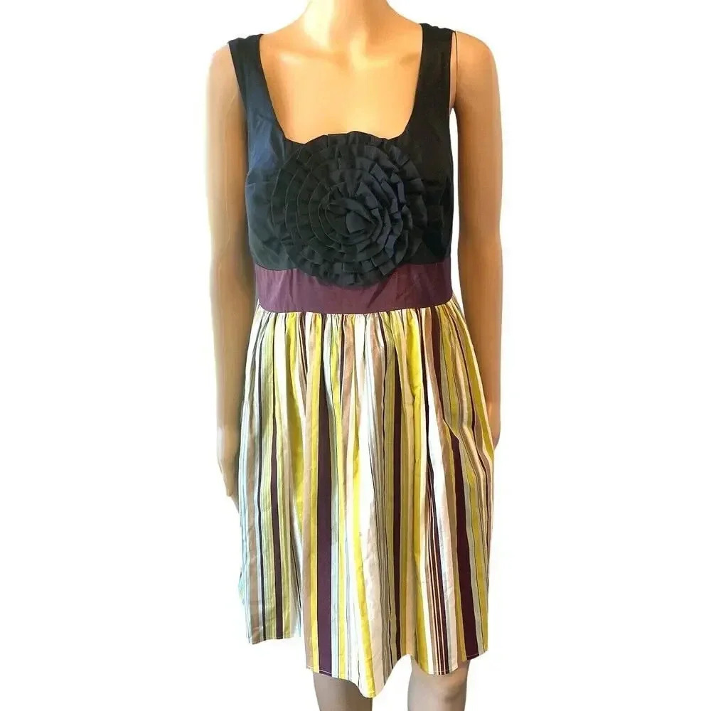 Anthropologie Burlapp Boutonniere Women's M Black Silk Rosette Flare Dress - Picture 1 of 8
